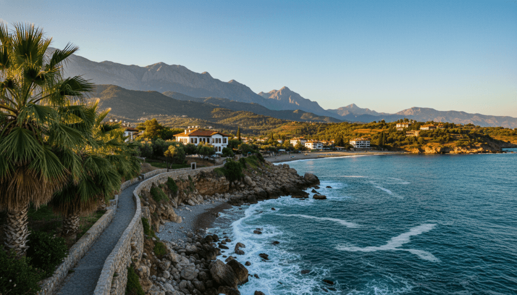 A breathtaking view of Antalya’s coastline, showcasing the stunning turquoise waters lapping against the rocky shoreline. In the foreground, vibrant green palm trees frame the scene, with a pathway meandering along the edge, inviting exploration. The middle ground features quaint white-washed buildings with terracotta roofs nestled against lush hills. In the background, majestic mountains rise into the clear blue sky, their peaks softly illuminated by the warm golden light of a late afternoon sun, casting long shadows over the landscape. The atmosphere is serene and tranquil, perfect for photography. The image captures intricate textures of the water’s surface and the details of the architecture, rendered in crisp 8k resolution with cinematic lighting, providing depth and vivid clarity.