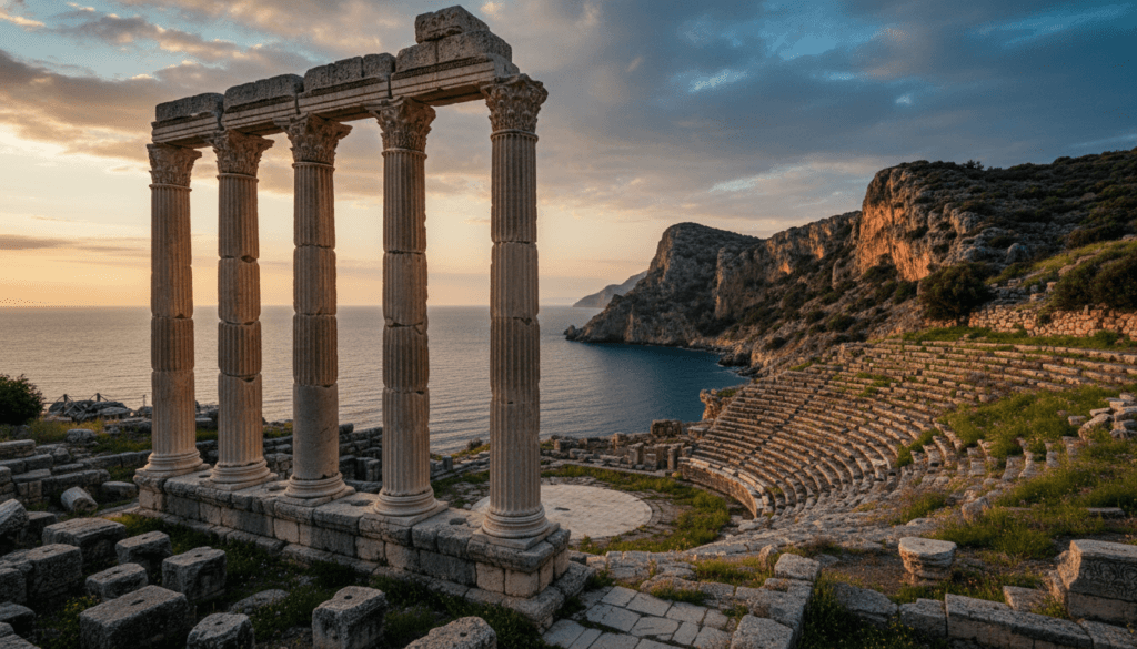 A breathtaking view of ancient ruins in Antalya, featuring the well-preserved columns of a Roman temple in the foreground, with intricate carvings visible on their surfaces. In the middle ground, remnants of a quaint amphitheater showcase stone steps, while lush greenery and wildflowers pepper the surrounding area, hinting at the region's rich history. Towering cliffs and the sparkling Mediterranean Sea form a stunning backdrop, bathed in soft, golden sunset light that enhances the textures of the stones. The scene captures an atmospheric, tranquil mood, inviting exploration and awe at the historical significance of the site. A wide-angle perspective emphasizes the scale of the ruins, showcasing the beauty of ancient architecture against a vibrant sky, all in ultra-detailed 8k resolution.