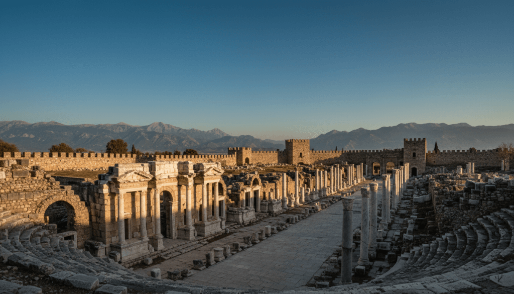A breathtaking view of nearby historic sites in Antalya, featuring the impressive ruins of the ancient city of Perge in the foreground, showcasing its well-preserved Roman theater and colonnaded streets. In the middle ground, capture the silhouette of the ancient city walls, detailed with intricate carvings and weathered stone textures, bathed in the warm glow of the golden hour. The background reveals the scenic Taurus Mountains under a clear blue sky, providing a dramatic contrast. The atmosphere should be serene yet awe-inspiring, with soft cinematic lighting highlighting the textures of the ruins. Focus on capturing this scene in an 8k resolution raw photograph, with a slight wide-angle perspective to encompass both the historical sites and the natural beauty surrounding them.