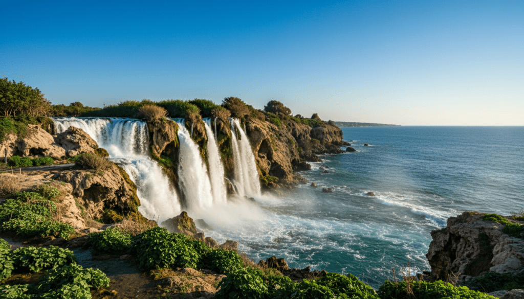 A breathtaking view of the Düden Waterfalls in Antalya, where cascading water plunges into the turquoise sea below. In the foreground, intricate rock formations are adorned with lush greenery, while droplets of water create a misty atmosphere. The middle ground features the powerful waterfalls, crystal-clear water tumbling dramatically over the cliffs. In the background, bright blue skies are illuminated by soft, golden sunlight, enhancing the vibrant colors of the landscape. Capture this scene with a wide-angle lens to emphasize the grandeur of nature, focusing on the dynamic flow of water and the serene sea. The overall mood should evoke a sense of tranquility and wonder, showcasing the pristine beauty of this natural wonder in highly detailed textures at 8k resolution.