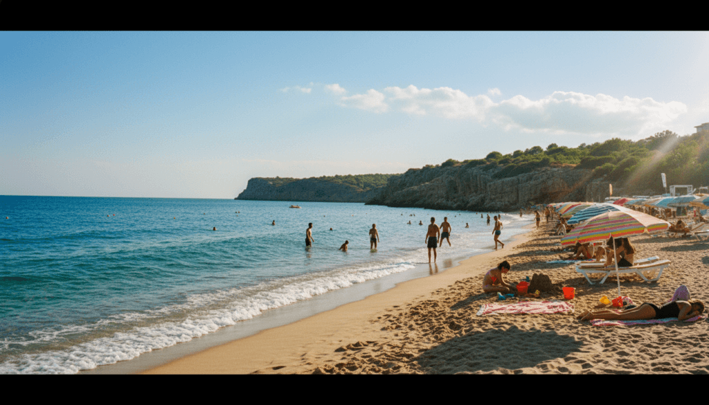 A breathtaking view of the best beaches in Antalya, showcasing soft golden sands under bright sunlight. In the foreground, gentle waves lapping at the shore, with beachgoers in modest casual clothing enjoying the serene atmosphere, some lounging on colorful beach towels and others playing beach volleyball. The middle ground reveals vibrant umbrellas providing shade and a few children building sandcastles. In the background, the stunning turquoise waters of the Mediterranean Sea stretch towards distant rocky cliffs and lush greenery. The scene captures a clear blue sky with a few fluffy clouds, illuminated by warm, cinematic lighting. This highly detailed, 8k resolution image conveys a relaxed yet lively beach atmosphere, perfect for coastal activities.