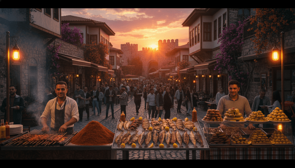 A bustling scene of street food vendors in the charming Kaleiçi district of Antalya, capturing the essence of local culinary experiences. In the foreground, diverse vendors display an array of colorful dishes, including grilled kebabs, fresh seafood, and traditional desserts like baklava. The vendors, dressed in modest casual clothing, engage with enthusiastic customers. The middle ground features cobblestone streets lined with historic Ottoman-style buildings, adorned with vibrant bougainvillea. In the background, the sun sets behind the ancient city walls, casting a warm, golden light over the scene. The atmosphere is lively and inviting, emphasizing the culinary delights and cultural charm of Antalya. The image is a raw photograph with cinematic lighting, highly detailed textures, and rendered in 8k resolution, creating a vivid and immersive experience.