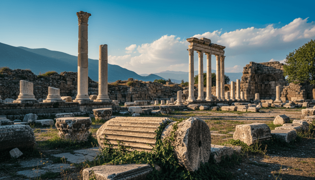 A captivating view of the ancient archaeological sites in Antalya, depicting majestic Roman columns and ancient ruins nestled among lush greenery. In the foreground, focus on a partially fallen column with intricate carvings, adorned with climbing ivy. In the middle ground, add scattered stone fragments and remnants of ancient buildings, showcasing detailed textures of weathered stone. The background features a dramatic landscape with mountains under a bright blue sky, accentuated by soft, golden sunlight filtering through fluffy white clouds. Capture the mood of timelessness and historical grandeur, emphasizing serenity and exploration. Use cinematic lighting to enhance depth, and aim for 8k resolution to highlight every detail vividly.