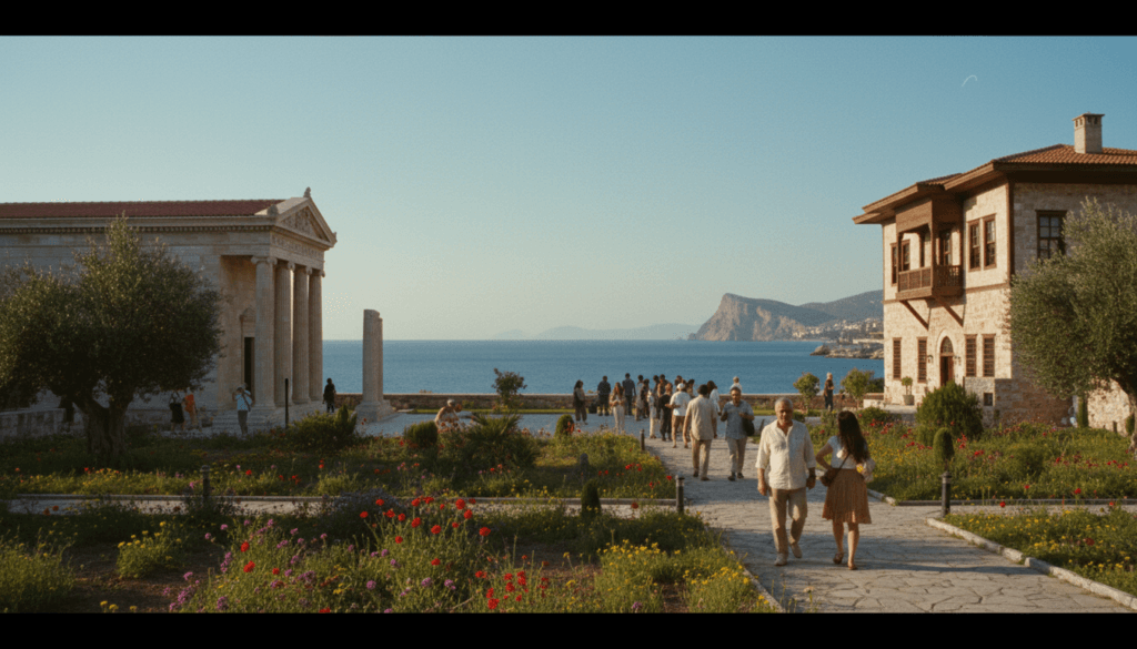 A panoramic view of the museums in Antalya, showcasing beautifully preserved historical architecture, like the Antalya Museum and the Suna-İnan Kıraç Kaleiçi Museum. In the foreground, lush green gardens with vibrant flowers surround the museums, creating a welcoming atmosphere. The middle ground features groups of tourists admiring the exhibits, dressed in modest casual clothing, evoking a sense of cultural appreciation. The background highlights the stunning Mediterranean coastline, with the vibrant blue sea meeting a clear sky. The scene is illuminated by soft, golden cinematic lighting, capturing the intricate details of the museums' facades and surrounding nature. The image should convey a sense of exploration and cultural richness, in ultra-realistic 8k resolution.