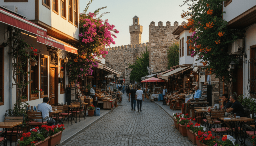 A picturesque view of Kaleiçi, the historic old town of Antalya, showcasing its narrow cobblestone streets lined with charming, traditional Ottoman-style houses adorned with vibrant bougainvillea. In the foreground, include quaint cafes with outdoor seating and flowering plants, inviting a sense of warmth and community. The middle ground features bustling local markets and artisans, creating a lively atmosphere. In the background, showcase the majestic ancient city walls and the iconic clock tower, basking in soft golden hour lighting. Capture the scene with a slightly elevated angle to encompass the layered architecture and vibrant street life, emphasizing highly detailed textures in an 8k resolution. The overall mood should be inviting, nostalgic, and rich in cultural heritage, evoking a serene yet lively ambiance.