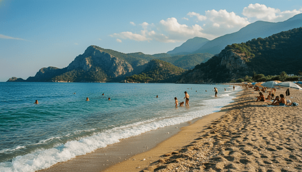 A picturesque view of one of the best beaches near Antalya, featuring soft golden sand and crystal-clear turquoise waters. In the foreground, gentle waves lap at the shore, scattered seashells adding detail to the sand. The middle ground showcases a few modestly dressed families enjoying the sun, with beach umbrellas providing shade. Lush green mountains rise in the background, bathed in warm sunlight, creating a serene atmosphere. The sky is a brilliant blue with a few fluffy white clouds. Capture the scene with a cinematic perspective, using a wide-angle lens to highlight the vastness of the beach and surroundings. Ensure the image is infused with highly detailed textures and vibrant colors, rendered in 8k resolution to create an immersive experience.