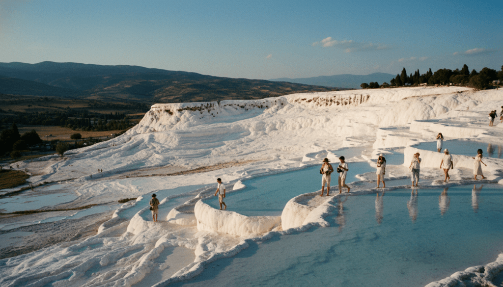 A stunning aerial view of Pamukkale's thermal pools, showcasing the bright white travertine terraces cascading down the hillside. In the foreground, crystal-clear turquoise waters reflect the sun's rays, creating a serene oasis. The middle ground features groups of visitors in modest casual clothing, enjoying the breathtaking scenery and walking along the shimmering pools. The background displays lush green hills and clear blue skies, enhancing the natural beauty of the landscape. The scene is bathed in warm, golden hour light, adding a dreamy quality to the image. Captured in 8k resolution for highly detailed textures, with cinematic lighting emphasizing the contrast between the white terraces and vibrant surroundings.