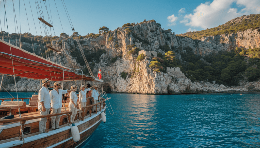 A stunning boat tour along the turquoise coast of Antalya, capturing the vibrant blues of the sea and the rocky cliffs dotted with lush greenery. In the foreground, a traditional wooden boat is anchored, with tourists in modest casual clothing admiring the scenery. In the middle ground, clear turquoise waters reflect sunlight, creating a shimmering effect. The background showcases the dramatic coastal cliffs and Mediterranean vegetation under a bright blue sky, with a few fluffy white clouds adding depth. The scene is bathed in warm, cinematic lighting, enhancing the textures of the boat and coastline. Photographed in 8k resolution, this image invites viewers to feel the serene atmosphere and beauty of a perfect day on the water.