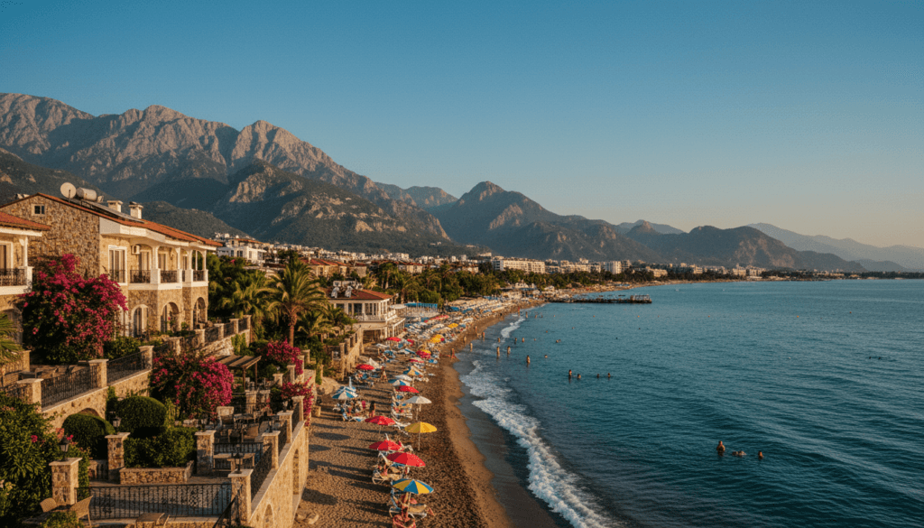 A stunning coastal view of resort towns nestled along the Antalya coastline, showcasing vibrant beachside villas and luxurious hotels in the foreground, adorned with lush gardens and palm trees. In the middle ground, capture families enjoying the sandy beaches, colorful umbrellas, and crystal-clear turquoise waters. The background features the majestic Taurus Mountains under a clear blue sky, reflecting the golden hues of a late afternoon sun. Emphasize the rich textures of the buildings and the shimmering sea surface, with a perspective shot that creates depth. The overall mood is inviting and relaxed, evoking a sense of tranquility and leisure. The image should be in raw photographic style, employing cinematic lighting, and rendered in 8k resolution for highly detailed textures.
