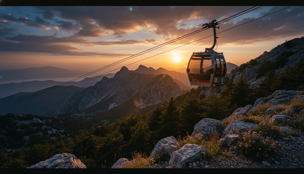 A stunning view from the summit of Tahtalı Mountain in Antalya, showcasing a panoramic landscape filled with rugged peaks and lush greenery. In the foreground, a clear view of the modern cable car gondola, capturing its sleek design against the vibrant backdrop. In the middle ground, the rolling hills and dense forests extend towards the horizon, painted in rich hues of green and dotted with wildflowers. The background features distant mountains softly illuminated by golden sunset light, creating a warm and inviting atmosphere. The scene is depicted with high detail and rich textures in 8k resolution, emphasizing natural beauty. Cinematic lighting enhances the mood, providing a serene and tranquil ambiance.