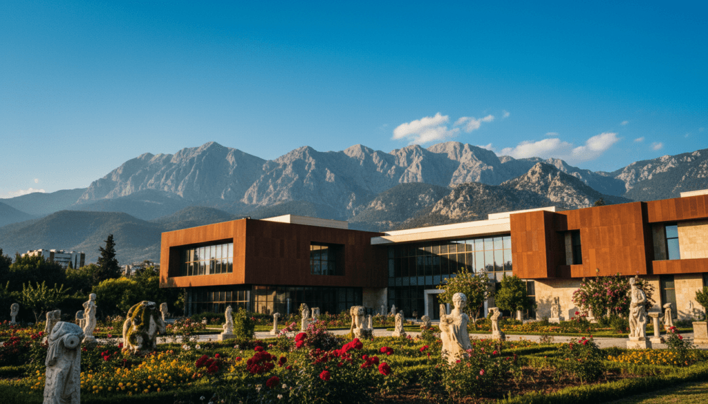 A stunning view of Antalya's museums, featuring the Antalya Archaeological Museum in the foreground, showcasing its modern architecture with intricate details. In the middle ground, display lush gardens with vibrant flowers and stone sculptures, symbolizing cultural heritage. The background should feature the beautiful Taurus Mountains under a clear blue sky, adding depth to the scene. Capture the essence of a sunny day with soft, cinematic lighting highlighting the textures of the museum’s facade and surrounding greenery. The atmosphere is inviting and educational, reflecting a sense of wonder and discovery. Focus on capturing this vibrant cultural scene in 8k resolution to highlight the details and textures for an engaging visual experience.