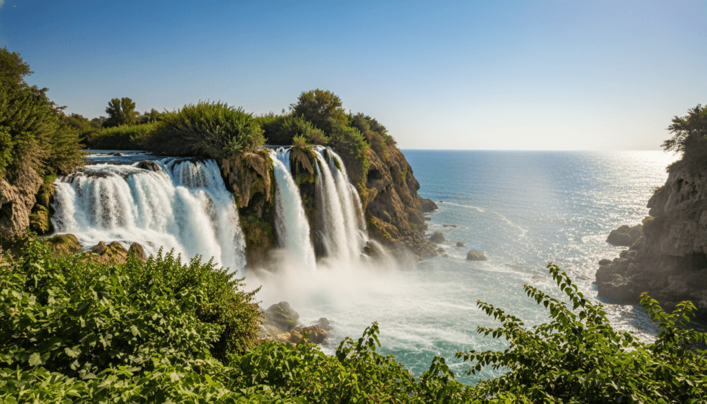 A stunning view of Düden Waterfalls in Antalya, cascading dramatically into the turquoise Mediterranean Sea. In the foreground, lush greenery frames the waterfall, while soft mist rises from where the water strikes the rocks below, creating a serene atmosphere. The middle ground features the multi-tiered waterfall with vibrant turquoise water plummeting over rocky cliffs surrounded by Mediterranean flora. In the background, a clear blue sky merges with the ocean horizon, accentuating the sunlight glinting off the water, enhancing the vibrant colors. Capture the scene in raw photographic detail, showcasing the natural textures of the rocks and foliage in 8k resolution. Utilize cinematic lighting for a bright, inviting mood, with a focus on the dynamic flow of water and the tranquil seaside setting.