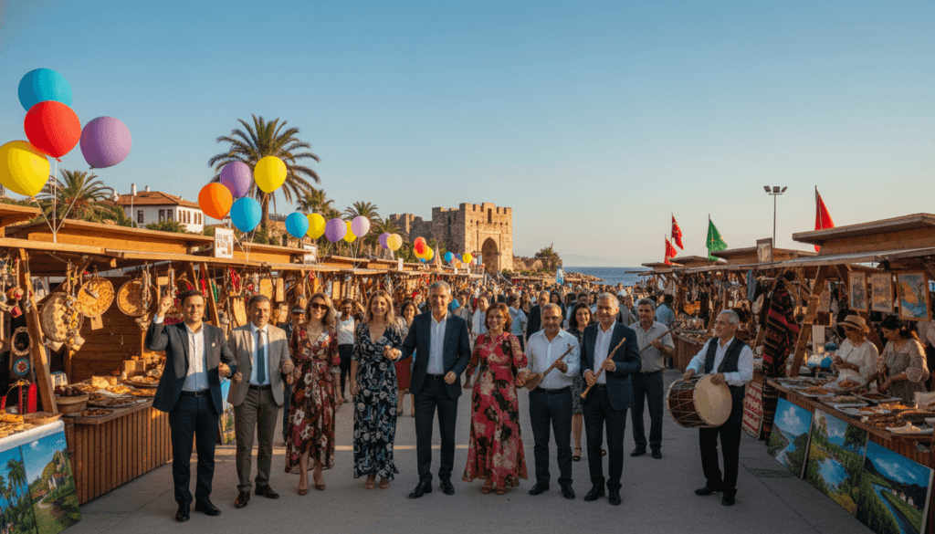 A vibrant scene capturing the essence of festivals and seasonal events in Antalya. In the foreground, a joyful crowd of diverse, professionally dressed people celebrate, enjoying traditional music and dance, surrounded by colorful decorations and balloons. The middle ground features stalls offering local cuisine, crafts, and art, showcasing the rich culture of Antalya. In the background, the stunning coastline and historic architecture are visible, under a bright, clear blue sky. The scene is bathed in warm, cinematic lighting, enhancing the atmosphere of festivity. Captured with an ultra-wide-angle lens for a dynamic perspective, this highly detailed image conveys a lively and inviting mood, reflecting the excitement and vibrancy of Antalya's seasonal events.