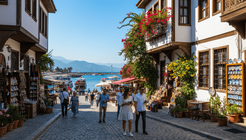 A vibrant view of Kaleiçi, the old quarter of Antalya, showcasing its charming cobblestone streets and historic architecture in the foreground. Highlight the intricate facades of traditional Ottoman houses with colorful flower-filled balconies. In the middle ground, capture bustling local shops and cafes with visitors casually strolling, some in modest casual clothing, enjoying the atmosphere. The backdrop features the picturesque Antalya harbour with turquoise waters under a clear blue sky, creating a serene contrast with the lively streets. Utilize cinematic lighting to enhance the textures of the buildings and the shimmer of the sea, shot at a slight angle to capture depth. The image should evoke a sense of discovery, warmth, and the vibrant spirit of this historic neighborhood, rendered in 8k resolution for stunning detail.
