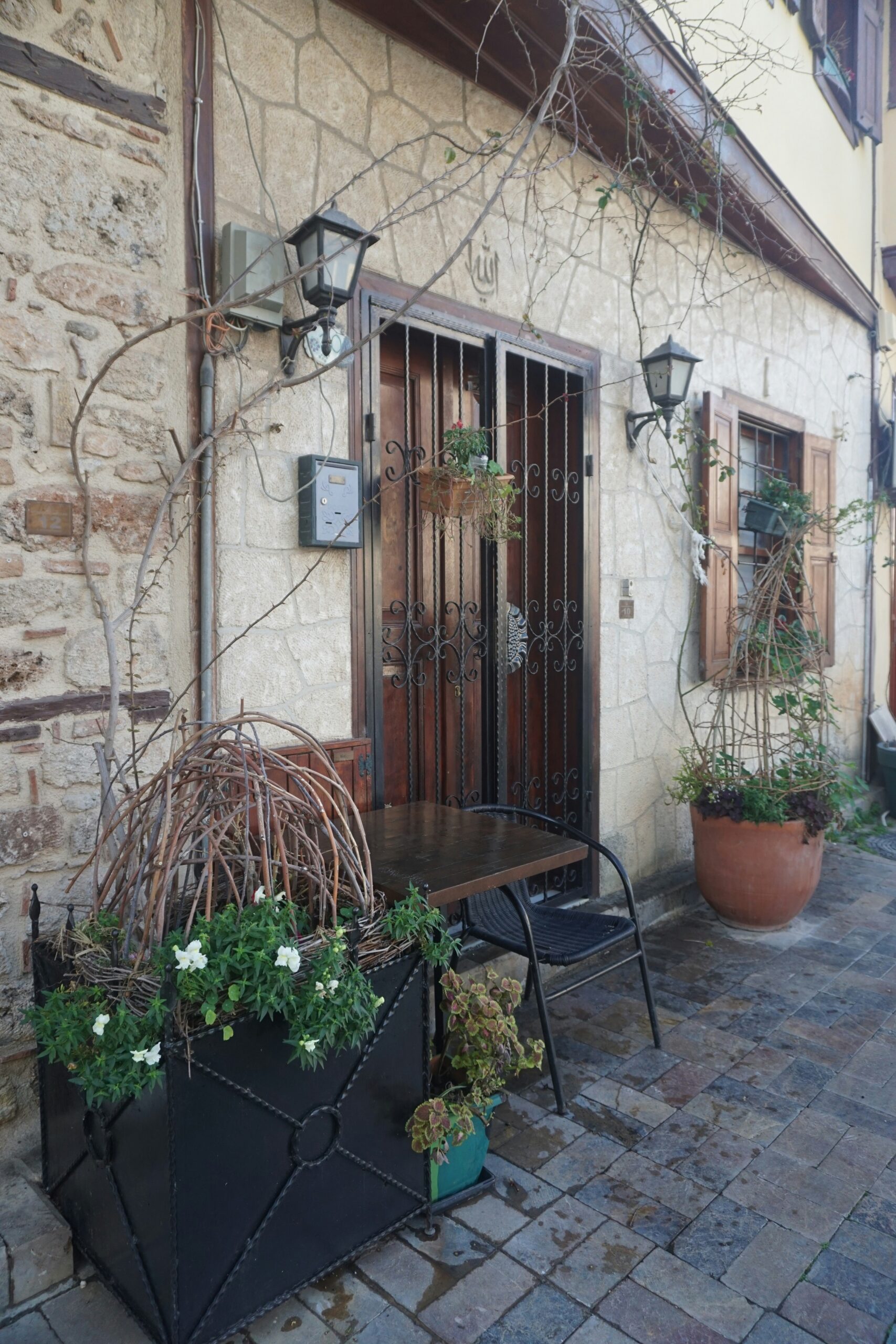Cozy exterior of a building with outdoor seating.