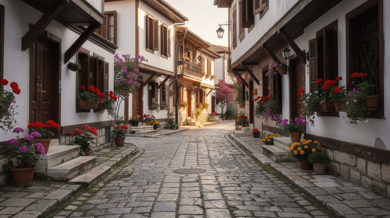 The image depicts a narrow cobblestone street lined with charming traditional Ottoman houses adorned with colorful flowers, creating a picturesque scene that invites tourists to explore the rich culture and history of Antalya. This enchanting location offers a perfect backdrop for a romantic escape or a family vacation, with plenty of boutique hotels and resort accommodations nearby.