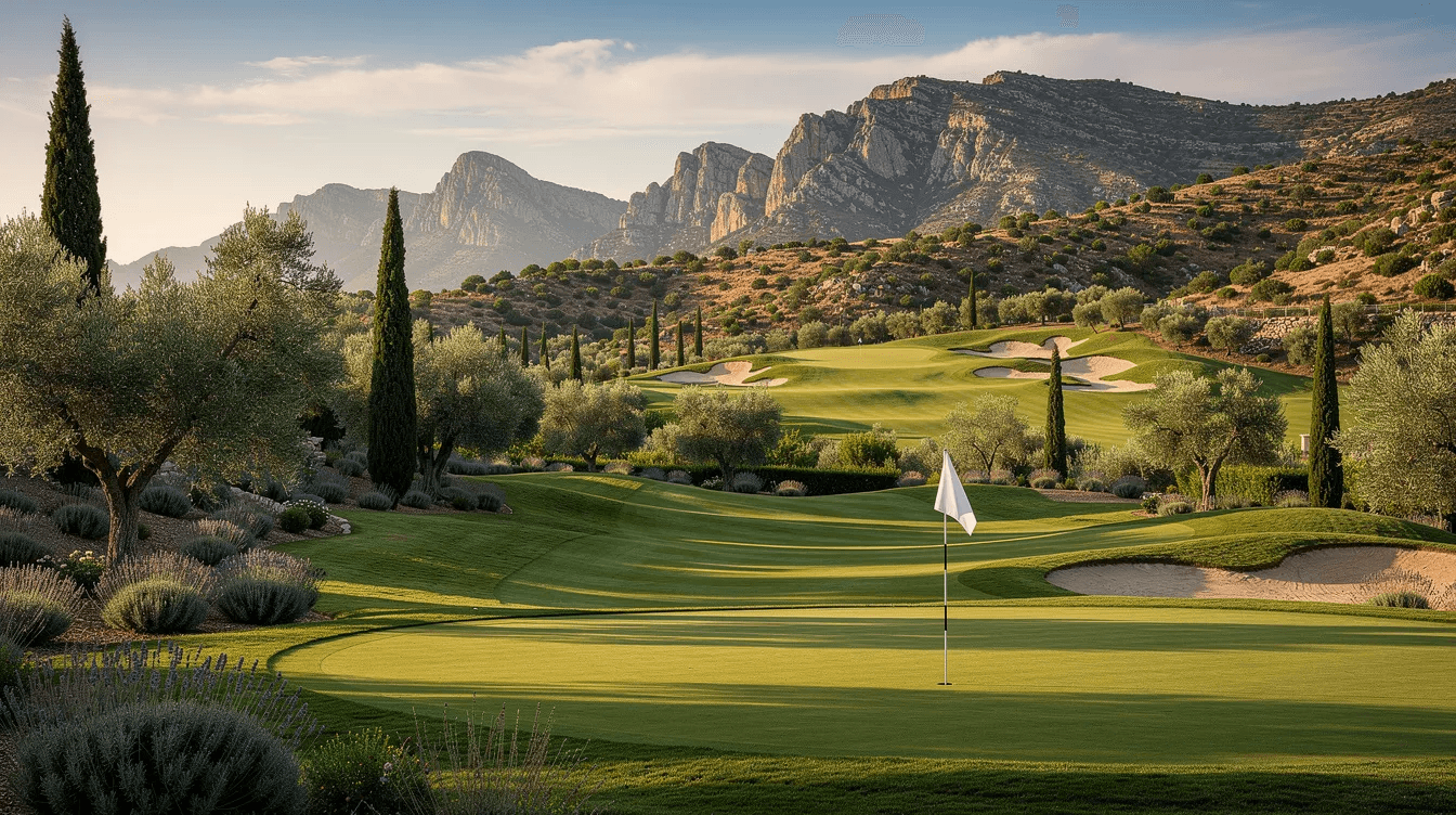 The image depicts a beautiful golf course surrounded by a Mediterranean landscape, with stunning mountain views in the background, creating a perfect setting for relaxation and leisure. This picturesque location is ideal for tourists looking to explore the best hotels in Antalya, including resort hotels and boutique hotels that offer spa treatments and family-friendly activities.